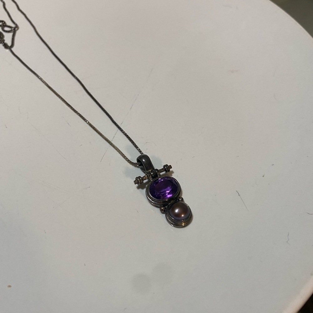 Vintage Ethnic Sterling Amethyst Pendant 925 Necklace With Pearl? - Picture 6 of 9